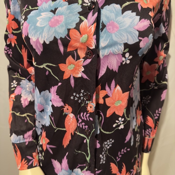 70s Black Floral Blouse Peony Clematis Birds Fun Vintage Made in USA Sz Small - Picture 3 of 8